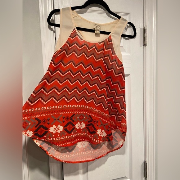 Eyelash Couture Size M Sheer Racerback Red Cream Western Aztec Print Tank Top - Picture 2 of 10